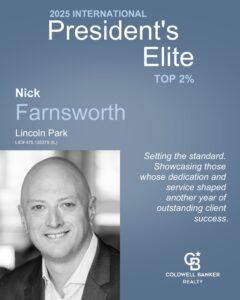 Coldwell Banker Realty's 2025 International President's Elite Top 2% awarded to Nick Farnsworth, a real estate agent in Coldwell Banker's Lincoln Park office.